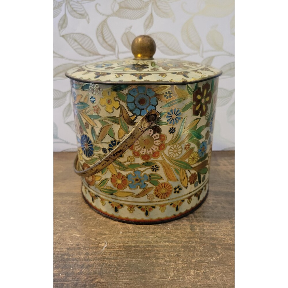 Vintage Daher Floral Biscuit Tin with Handle Mid Century Metal Biscuit Barrel